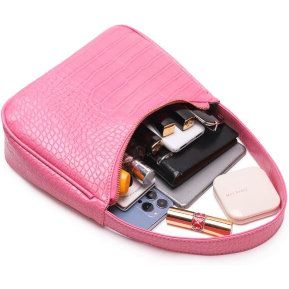 Women Crocodile Pink Imported Polyester Leather Zipper Closure Tote Handbag - Picture 4 of 7